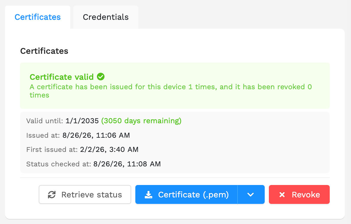 The certificates card on the device dashboard