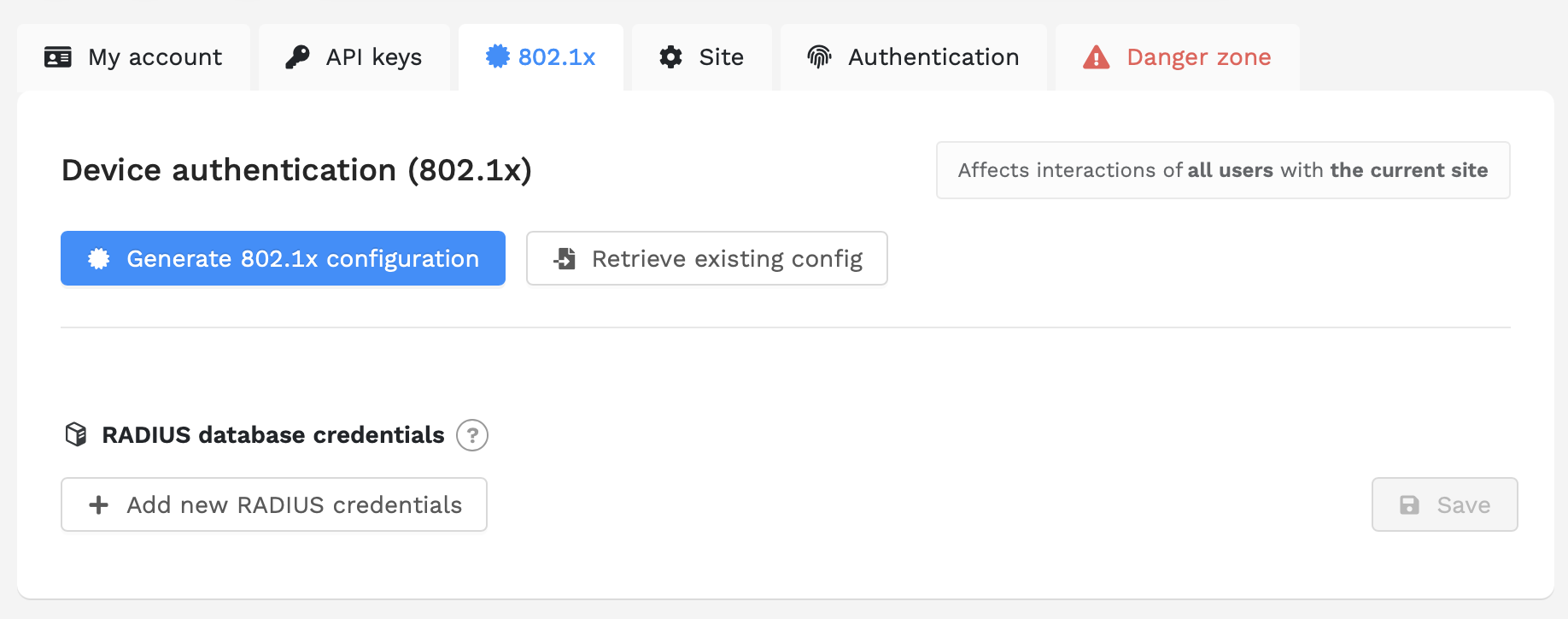 The 802.1x tab before a configuration exists