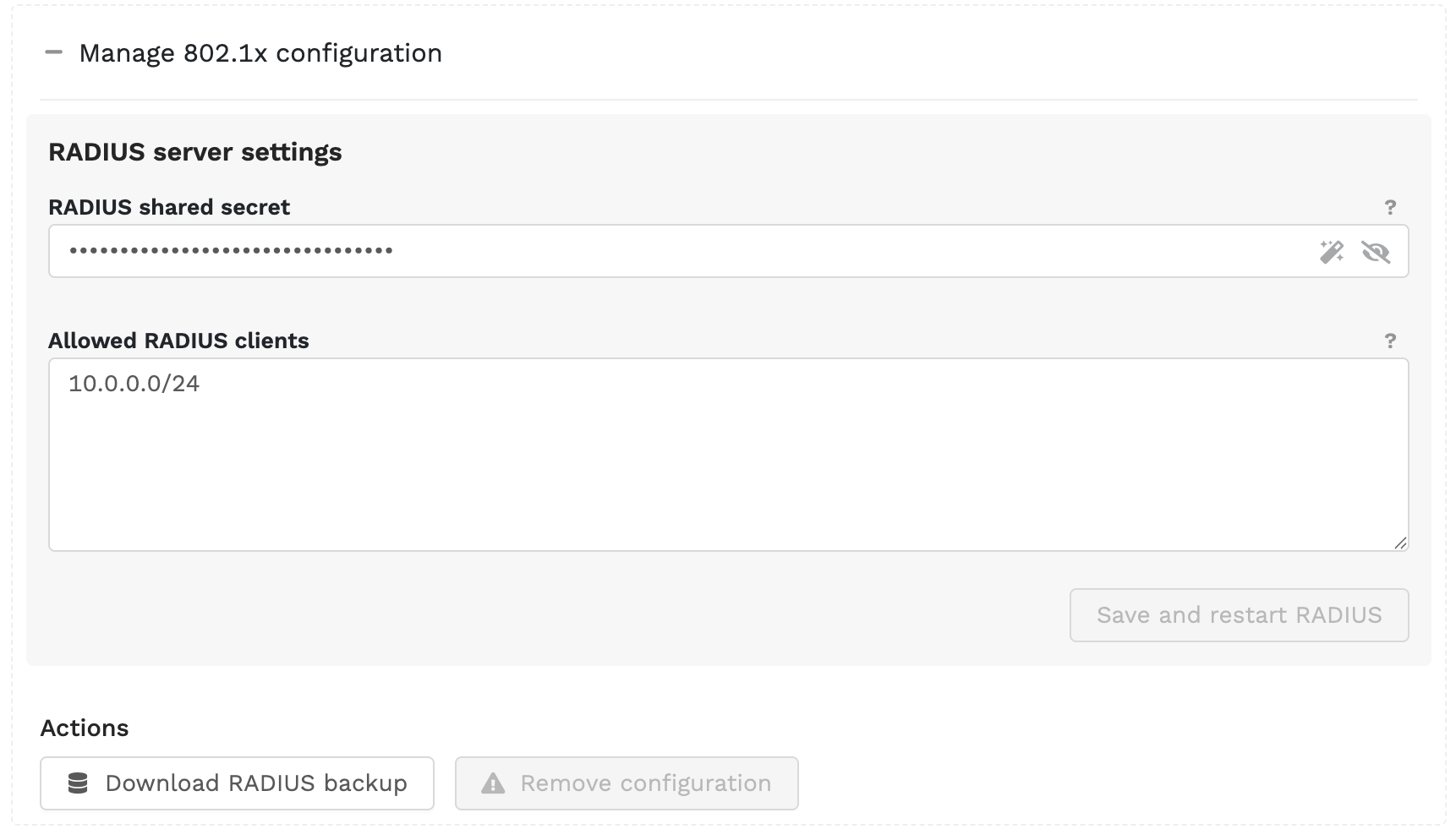 Managing the 802.1x configuration