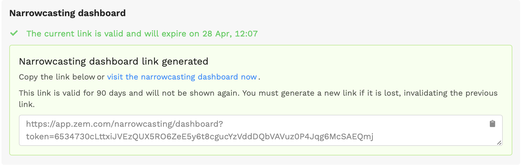 Narrowcasting dashboard link generated